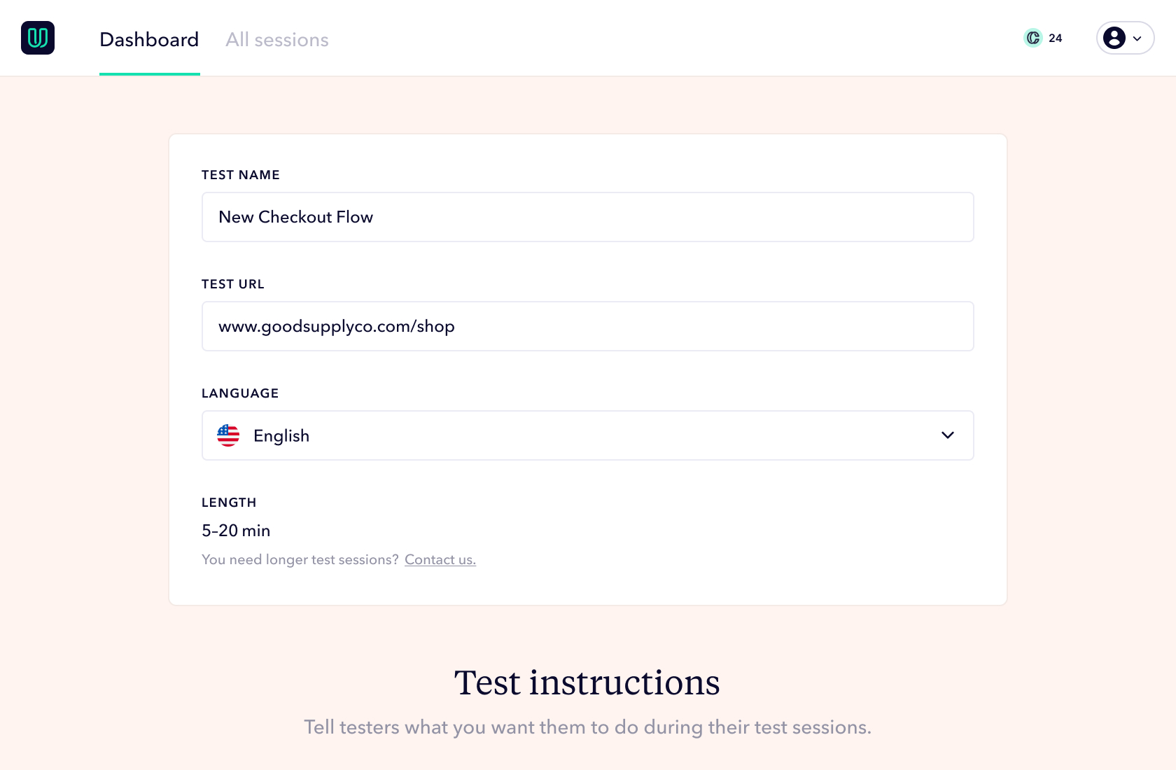 Testing with your own users first step: Set test name, url and language